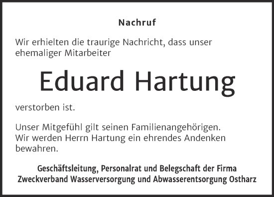 Traueranzeige von Eduard Hartung von Mitteldeutsche Zeitung Quedlingburg