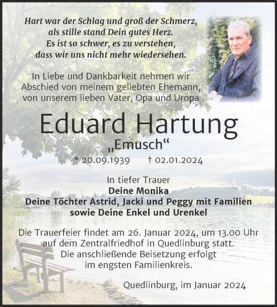 Traueranzeige von Eduard Hartung von Trauerkombi Quedlinburg