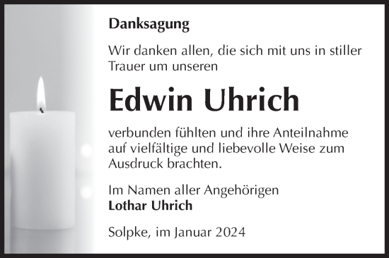 Traueranzeige von Edwin Uhrich von Volksstimme Altmark West