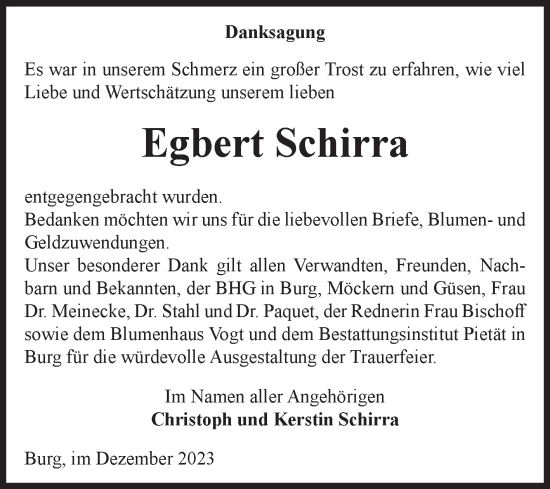 Traueranzeige von Egbert Schirra von Volksstimme Burg/Genthin