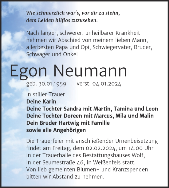 Traueranzeige von Egon Neumann von Trauerkombi Weißenfels