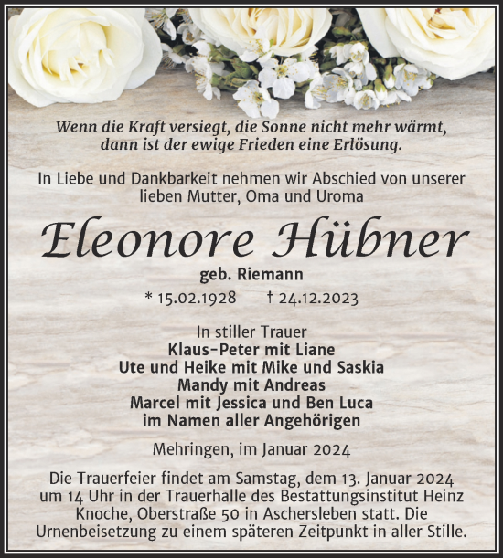 Traueranzeige von Eleonore Hübner von Trauerkombi Aschersleben