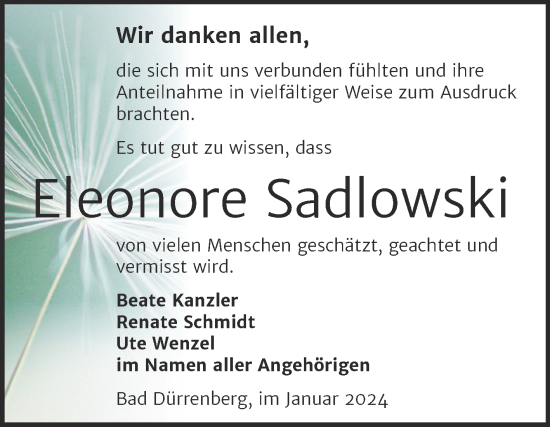Traueranzeige von Eleonore Sadlowski von Mitteldeutsche Zeitung Merseburg/Querfurt
