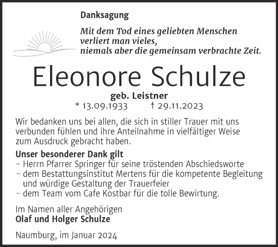 Traueranzeige von Eleonore Schulze von Wochenspiegel Naumburg/Nebra