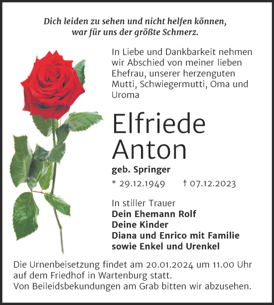Traueranzeige von Elfriede Anton von Trauerkombi Wittenberg