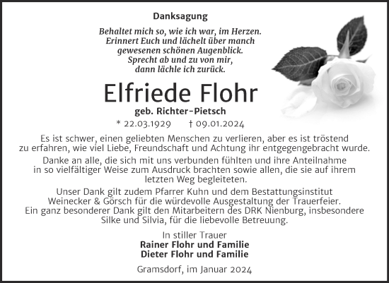 Traueranzeige von Elfriede Flohr von Trauerkombi Bernburg