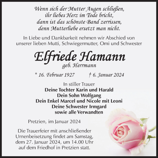 Traueranzeige von Elfriede Hamann von Volksstimme Schönebeck