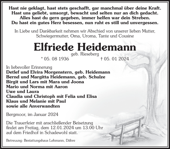 Traueranzeige von Elfriede Heidemann von Volksstimme Altmark West