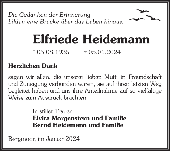 Traueranzeige von Elfriede Heidemann von Volksstimme Altmark West