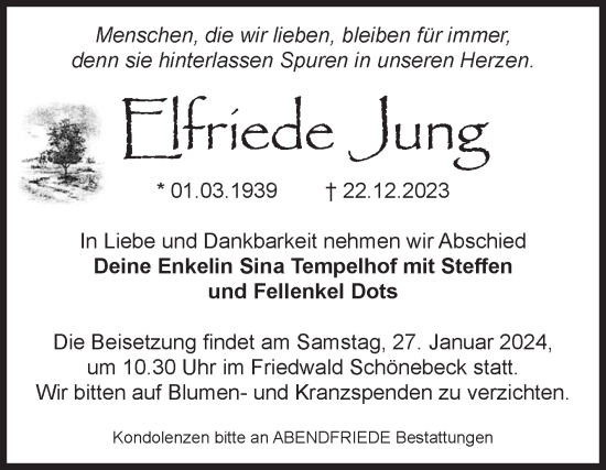 Traueranzeige von Elfriede Jung von Volksstimme Magdeburg