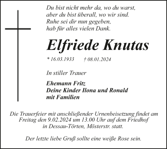Traueranzeige von Elfriede Knutas von Trauerkombi Dessau