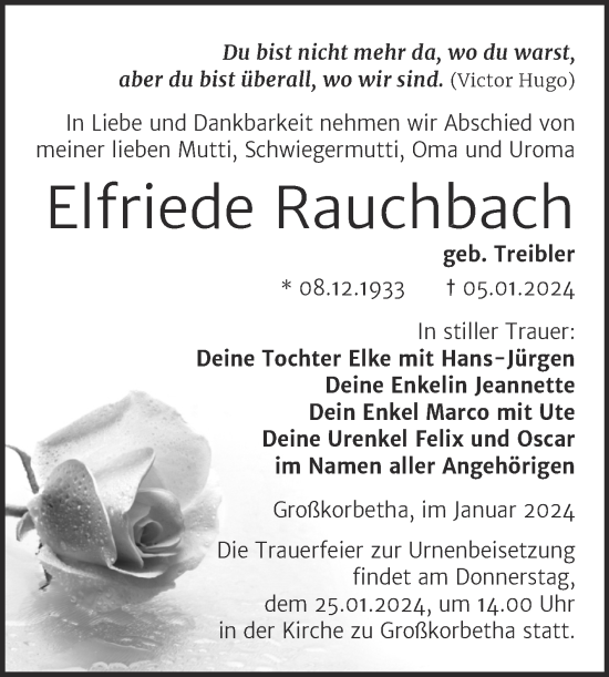 Traueranzeige von Elfriede Rauchbach von Trauerkombi Weißenfels