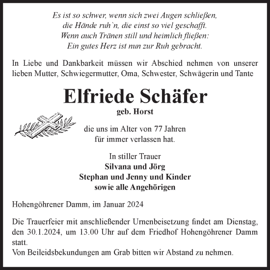 Traueranzeige von Elfriede Schäfer von Volksstimme Altmark Ost