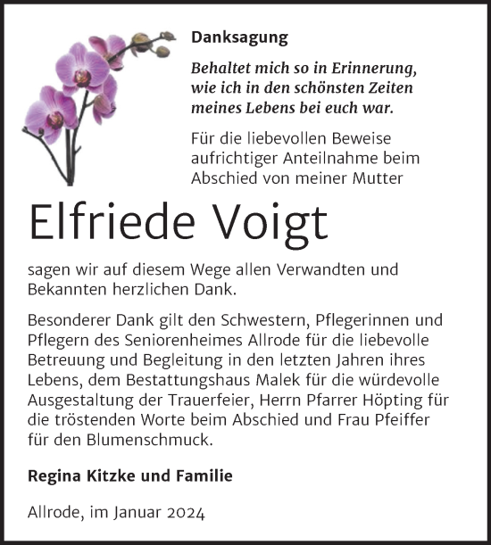 Traueranzeige von Elfriede Voigt von Trauerkombi Quedlinburg