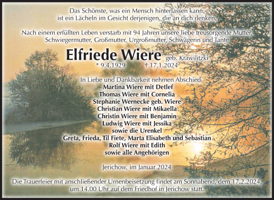 Traueranzeige von Elfriede Wiere von Volksstimme Burg/Genthin