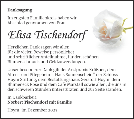 Traueranzeige von Elisa Tischendorf von Trauerkombi Aschersleben