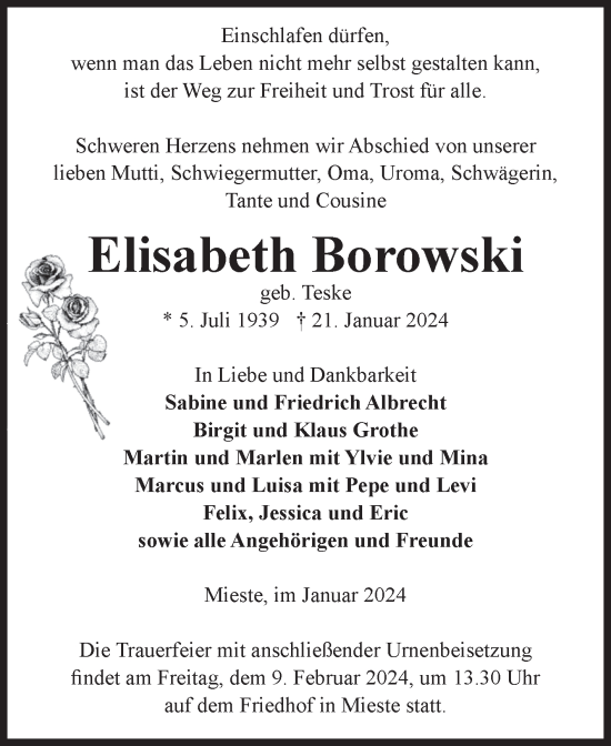 Traueranzeige von Elisabeth Borowski von Volksstimme Altmark West