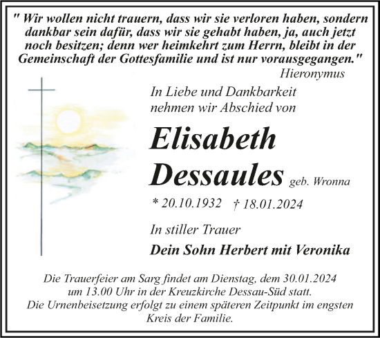 Traueranzeige von Elisabeth Dessaules von Trauerkombi Dessau