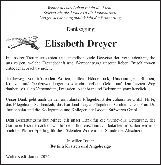 Traueranzeige von Elisabeth Dreyer von Volksstimme Oschersleben/Wanzleben