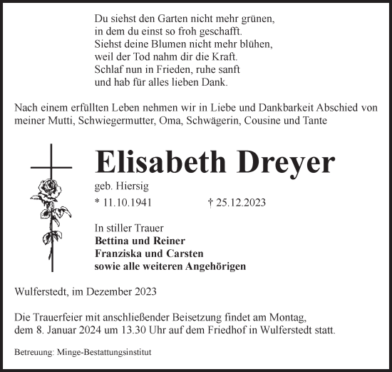 Traueranzeige von Elisabeth Dreyer von Volksstimme Oschersleben/Wanzleben