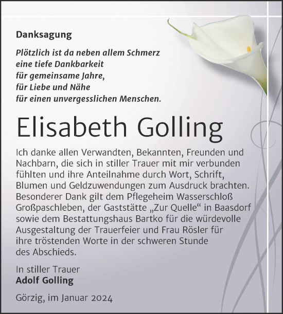 Traueranzeige von Elisabeth Golling von Trauerkombi Köthen