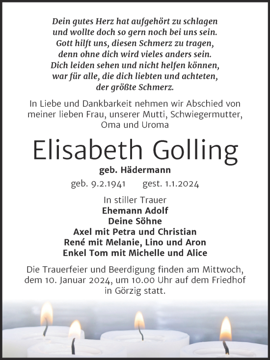 Traueranzeige von Elisabeth Golling von Mitteldeutsche Zeitung Köthen
