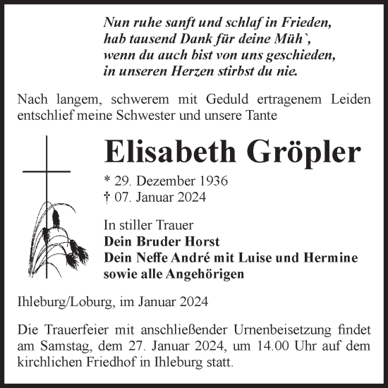 Traueranzeige von Elisabeth Gröpler von Volksstimme Burg/Genthin