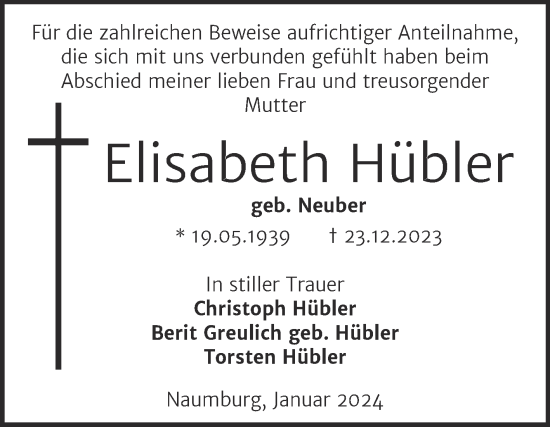 Traueranzeige von Elisabeth Hübler von Naumburger Tageblatt
