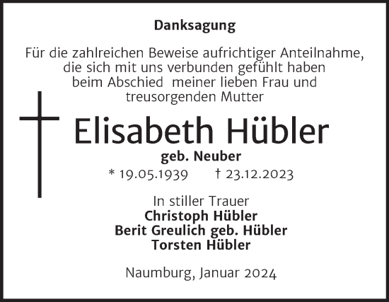 Traueranzeige von Elisabeth Hübler von Wochenspiegel Naumburg/Nebra