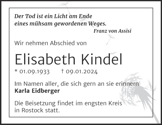 Traueranzeige von Elisabeth Kindel von Trauerkombi Dessau