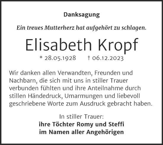 Traueranzeige von Elisabeth Kropf von Trauerkombi Weißenfels
