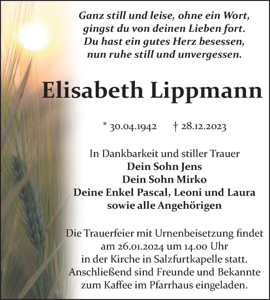 Traueranzeige von Elisabeth Lippmann von Trauerkombi Bitterfeld