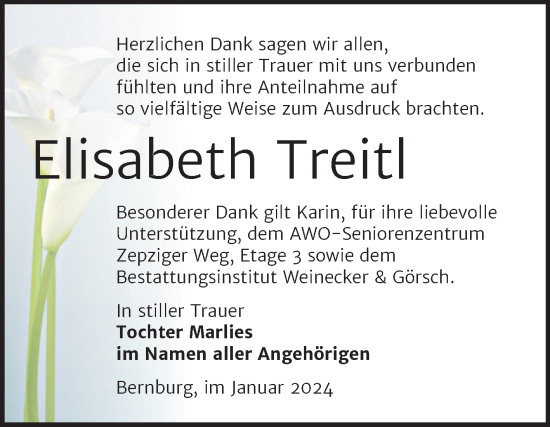 Traueranzeige von Elisabeth Treitl von Trauerkombi Bernburg