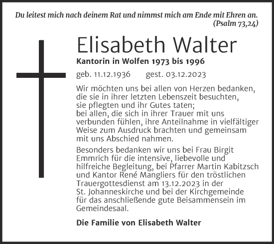 Traueranzeige von Elisabeth Walter von Trauerkombi Bitterfeld