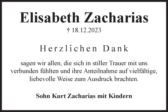 Traueranzeige von Elisabeth Zacharias von Volksstimme Altmark Ost