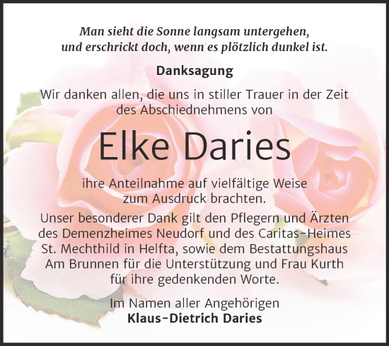 Traueranzeige von Elke Daries von Trauerkombi Mansfelder Land