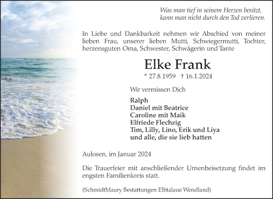 Traueranzeige von Elke Frank von Volksstimme Altmark Ost