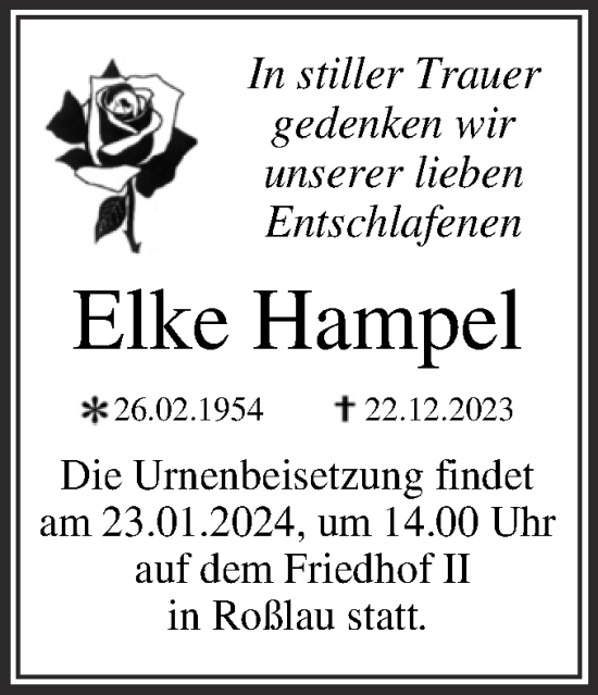 Traueranzeige von Elke Hampel von Trauerkombi Dessau
