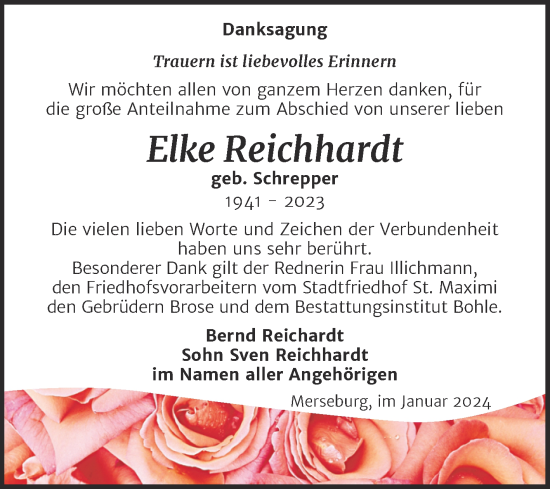 Traueranzeige von Elke Reichhardt von Trauerkombi Merseburg