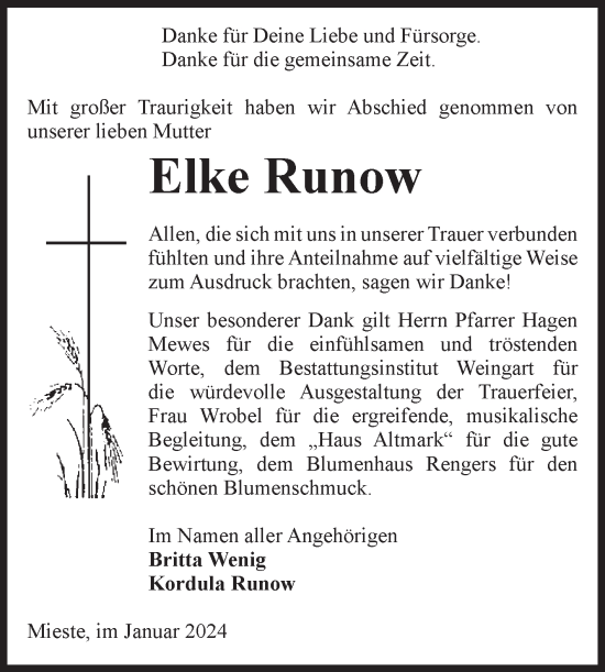 Traueranzeige von Elke Runow von Volksstimme Altmark West