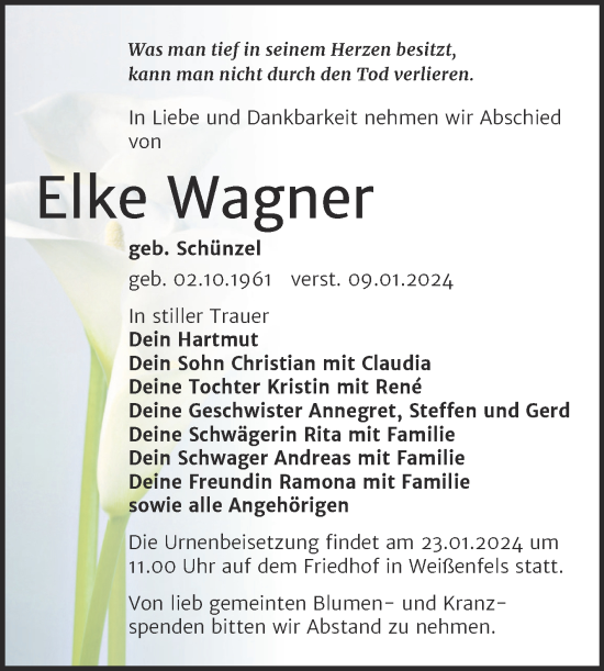Traueranzeige von Elke Wagner von Trauerkombi Weißenfels