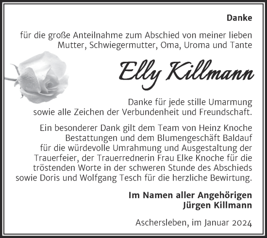 Traueranzeige von Elly Killmann von Trauerkombi Aschersleben