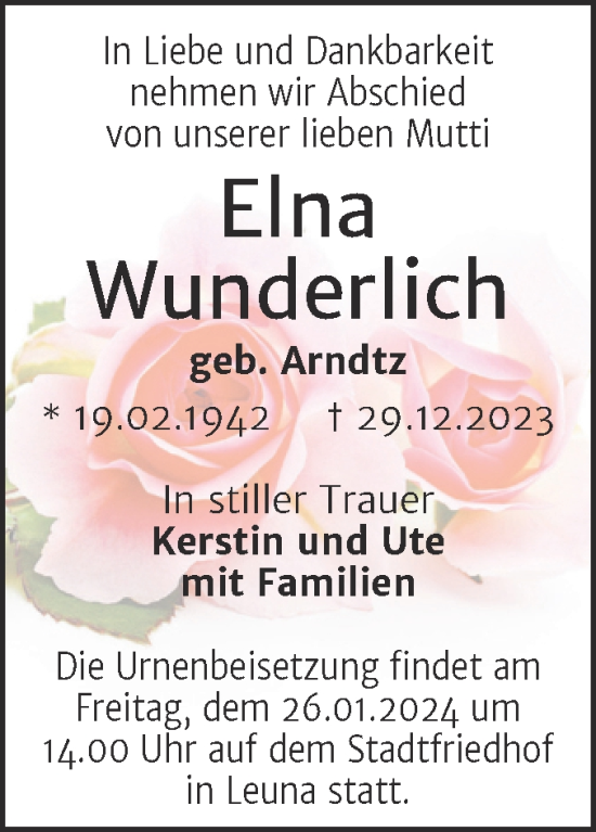 Traueranzeige von Elna Wunderlich von Trauerkombi Merseburg