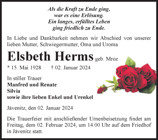 Traueranzeige von Elsbeth Herms von Volksstimme Altmark West