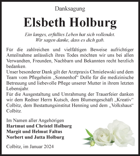 Traueranzeige von Elsbeth Holburg von Volksstimme Haldensleben/Wolmirstedt