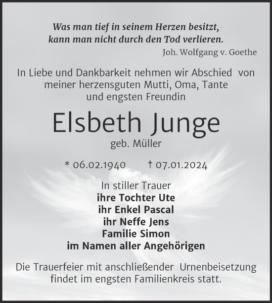 Traueranzeige von Elsbeth Junge von Naumburger Tageblatt