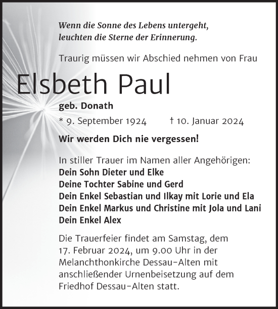 Traueranzeige von Elsbeth Paul von Trauerkombi Dessau