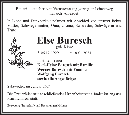 Traueranzeige von Else Buresch von Volksstimme Altmark West