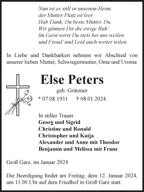Traueranzeige von Else Peters von Volksstimme Altmark Ost