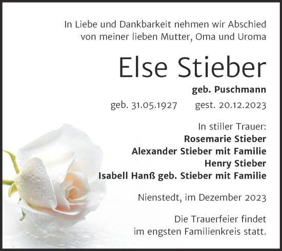 Traueranzeige von Else Stieber von Trauerkombi Sangerhausen